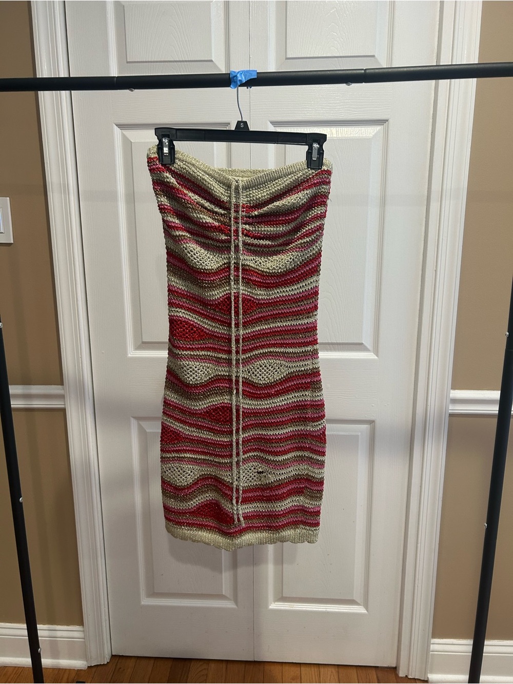 Farm Rio Striped Knit Tube Dress in Red Pink Gold